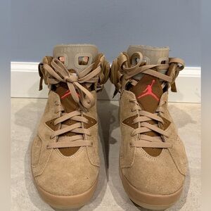 Jordan 6 Travis Scott Tan and Brown Sneakers with Red Logo